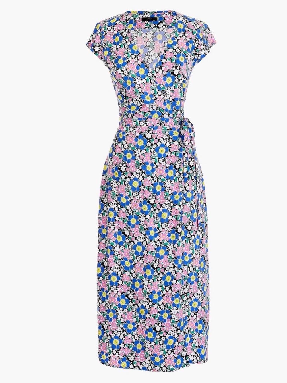 J Crew Cap-Sleeve Wrap Midi Dress in Blue and Pink Floral Sz XLT